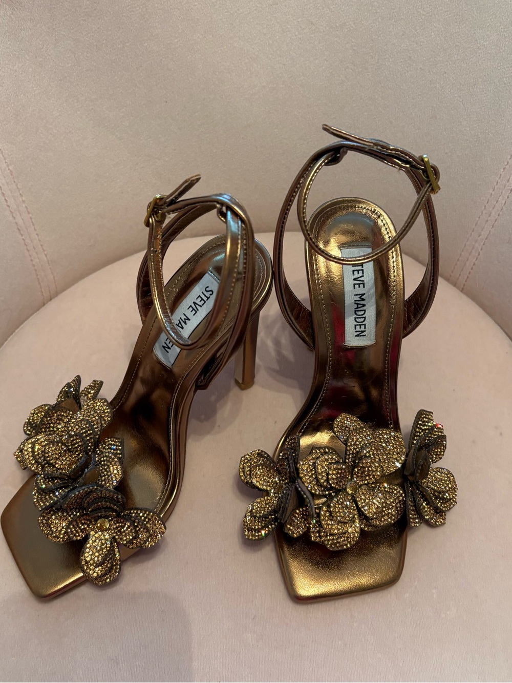 Steve Madden Metallic Gold Floral Appliqué Ankle-Strap Heels